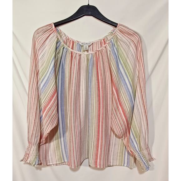 Tommy Bahama Linen Blend Women's L Pastel Striped Blouse Balloon Sleeve - Picture 1 of 9